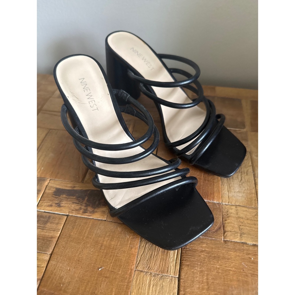 Nine West Glowy Black Strappy Block Heel Sandals Square Toe Mules 8.5M
